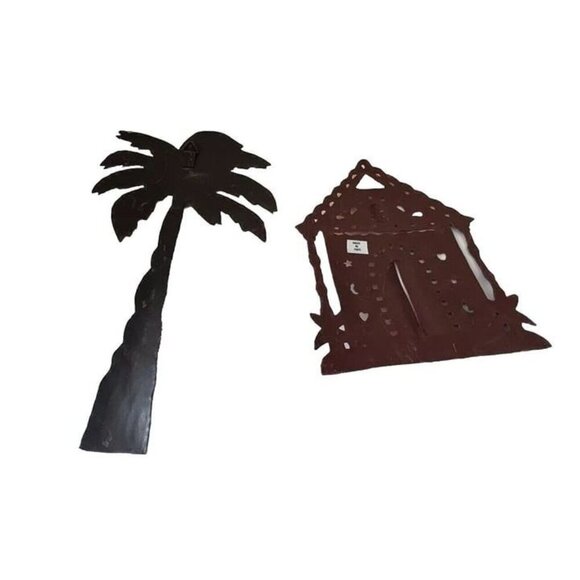2 PCS Haiti Handmade Colorful Pink House Palm Tree Rustic Metal Wall‎ Hanging - Picture 4 of 6